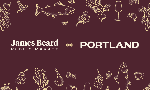 James Beard Public Market and PORTLAND in type, surrounded by illustrations of fish and wine and vegetables