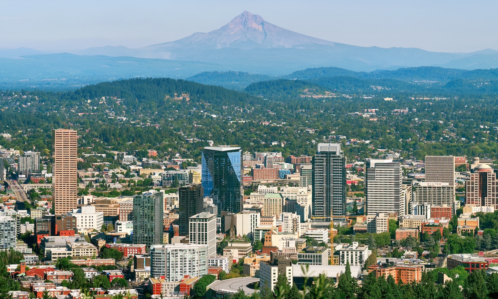 Portland cityscape on a clear day with Mt Hood in the background